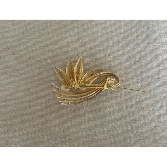 Vintage Gold-Tone Carved Rose Floral Brooch White Accents - Picture 2 of 4